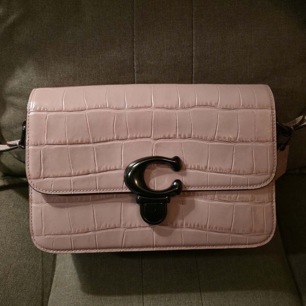 Coach Studio Croc-Embossed Leather Shoulder Bag Pink/Gunmetal